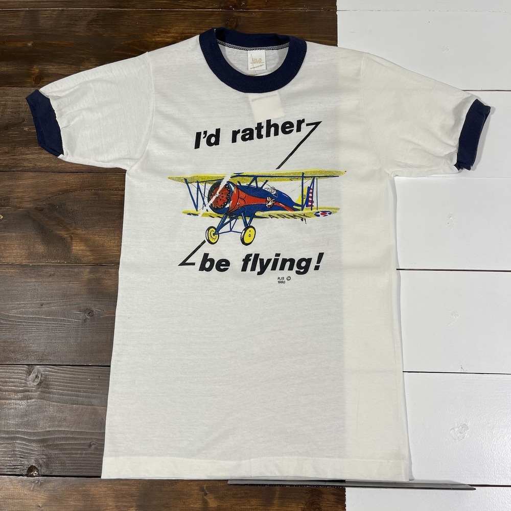 Vintage 80s "I Rather Be Flying" Ringer T-Shirt Mens Size Small Planes